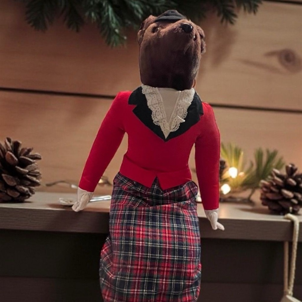 Plush Bear Doll in Red Jacket with Plaid Skirt